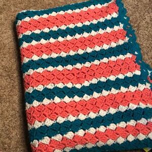 Vtg Handmade Quilt Crochet Pink Teal Bobble Knit Grandmacore